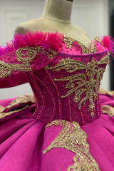 Exquisite Fuchsia Satin Quinceanera Dress Off-Shoulder Ball Gown with Beaded Feather Gold Appliques for Sweet 16 & Evening Galas