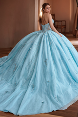 Sky Blue Tulle Quinceanera Dress Strapless Ball Gown with Floral Appliques & Train for Sweet 16 & Formal Evenings