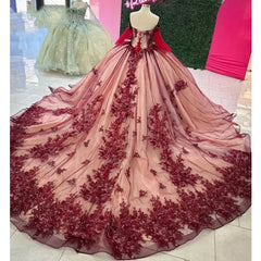 Burgundy Ball Gown Off-Shoulder Long Sleeves with Beaded 3D Flower Lace Appliques for Quinceanera Sweet 16 & Princess Birthday Parties