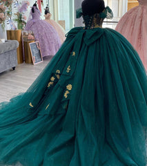 Emerald Green Off-Shoulder Ball Gown Puffy Sleeves Floral Lace Appliques Tulle Princess Quinceanera Dress for Sweet 16