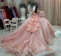 Pink Tulle Quinceanera Dress Sweetheart Neckline Puff Sleeves & 3D Floral Lace Appliques for Sweet 16 & Princess Parties