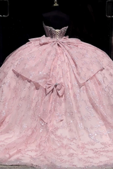 Strapless Ball Gown Sparkling Sequins & Beaded Bow Detail for Quinceanera Sweet 16 or Birthday Party