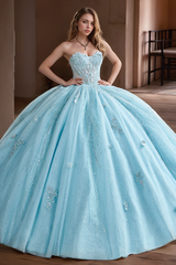 Sky Blue Tulle Quinceanera Dress Strapless Ball Gown with Floral Appliques & Train for Sweet 16 & Formal Evenings