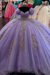 Lavender Glitter Tulle Quinceanera Dress Off-Shoulder Sleeveless Ball Gown with Beaded Flower Appliques for Sweet 16 & Birthday Parties