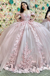 Light Pink Tulle Quinceanera Dress Off-Shoulder Ball Gown with Crystal Appliques Lace-Up Back & Big Bow Knot
