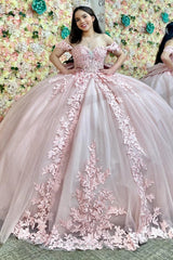 Light Pink Tulle Quinceanera Dress Off-Shoulder Ball Gown with Crystal Appliques Lace-Up Back & Big Bow Knot
