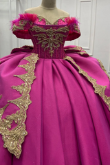 Exquisite Fuchsia Satin Quinceanera Dress Off-Shoulder Ball Gown with Beaded Feather Gold Appliques for Sweet 16 & Evening Galas