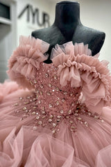 Off-Shoulder Ball Gown Beaded Crystal Sequins Tiered Pink Tulle Quinceanera & Formal Evening Dress