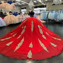 Sweetheart Neckline Long Sleeve Gold-Embellished Red Tulle Quinceanera Dress Stunning 16th Birthday Party Gown