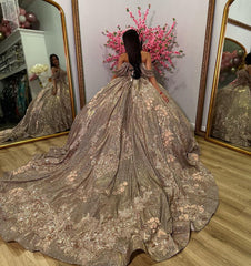 Glitter Ball Gown Sweetheart Neckline Off-Shoulder Tulle Gown with Sweep Train for Quinceanera Sweet 16 & Cocktail Parties