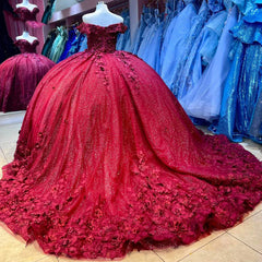 Off-Shoulder Red Tulle Quinceanera Dress Sparkling Floral Applique Ball Gown for Sweet 16 & Princess Birthday Parties