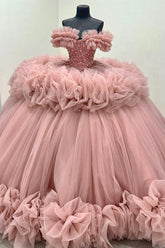 Off-Shoulder Ball Gown Beaded Crystal Sequins Tiered Pink Tulle Quinceanera & Formal Evening Dress