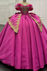 Exquisite Fuchsia Satin Quinceanera Dress Off-Shoulder Ball Gown with Beaded Feather Gold Appliques for Sweet 16 & Evening Galas
