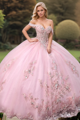 Ball Gown Off-Shoulder Sleeveless Beaded Sequins Pink Tulle Quinceanera Dress for Sweet 16 & Birthday Parties
