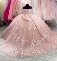 Exquisite Off-Shoulder Ball Gown with Lace Appliques & Bow Detail Pink Tulle Quinceanera Dress for Sweet 16 & Princess Birthday Parties