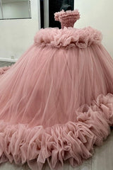 Off-Shoulder Ball Gown Beaded Crystal Sequins Tiered Pink Tulle Quinceanera & Formal Evening Dress