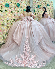 Light Pink Tulle Quinceanera Dress Off-Shoulder Ball Gown with Crystal Appliques Lace-Up Back & Big Bow Knot