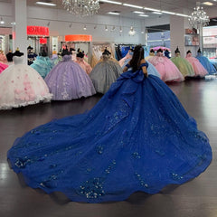 Royal Blue Off-Shoulder Ball Gown Sparkling 3D Flower Appliques & Bow Detail Quinceanera Dress for Sweet 16 Evening & Formal Events