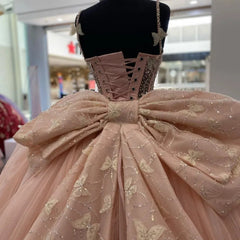 Strapless Pink Tulle Ball Gown with 3D Butterflies & Bow Knot Quinceanera & Sweet 16 Princess Dress