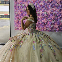 Off-Shoulder Ball Gown with 3D Floral Applique & Beaded Tulle Perfect for Quinceanera & Sweet 16 Celebrations