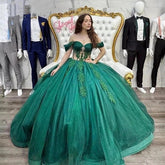 Emerald Green Quinceanera Dress Off-Shoulder Ball Gown with Floral Lace Appliques & Beaded Corset for Sweet 16