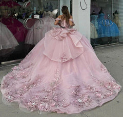 Off-Shoulder Pink Tulle Quinceanera Dress with Floral Appliques & Beaded Ruffles Perfect for Sweet 16 & Graduation Galas
