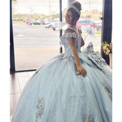 Exquisite Sky Blue Ball Gown Off-Shoulder Beaded Tulle Quinceanera Dress with Floral Appliques for Princess Birthday & Sweet 16 Celebrations