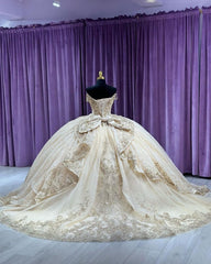 Champagne Tulle Quinceanera Dress Sweetheart Ball Gown with Lace Appliques & Beaded Ruffles