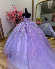 Lavender Tulle Quinceanera Dress V-Neck Lace Applique & Beaded Bow Ball Gown for Sweet 16 Birthday & Evening Parties