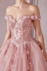 Off-Shoulder Ball Gown with 3D Floral Appliques & Beaded Lace-Up Detail Pink Tulle Quinceanera Dress for Sweet 16 & Birthday Celebrations