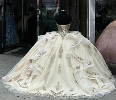 Champagne Ball Gown Sweetheart Neckline with Lace Appliques & Tiered Ruffles for Quinceanera Sweet 16 or Graduation