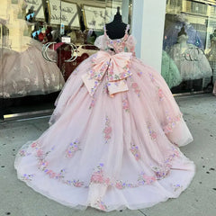 Pink Tulle Quinceanera Dress V-Neck Ball Gown with Floral Lace Beaded Ruffles & Bow Detail for Sweet 16