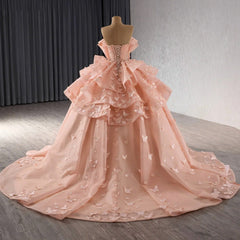 Strapless Ball Gown with 3D Butterfly Appliques Tiered Pink Tulle Quinceanera & Sweet 16 Party Dress