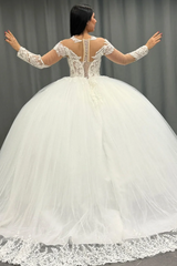 White Tulle Ball Gown Scoop Neck Lace Appliques & Pleated Skirt for Quinceanera Sweet 16 and Formal Evenings