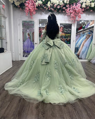 Exquisite Sage Green Quinceanera Dress Sweetheart Neckline Detachable Long Sleeves & Feather Bow Elegance