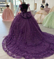 Purple Tulle Quinceanera Dress Strapless Ball Gown with 3D Butterfly Appliques & Bow Knot for Sweet 16 & Princess Parties