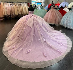 Lilac Tulle Quinceanera Dress Strapless Ball Gown with 3D Beaded Flowers Lace Appliques & Sweep Train for Sweet 16