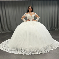 White Tulle Ball Gown Scoop Neck Lace Appliques & Pleated Skirt for Quinceanera Sweet 16 and Formal Evenings