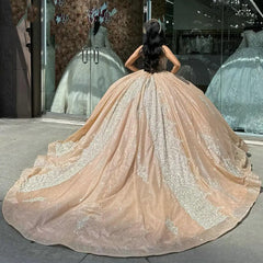 Champagne Sequined Ball Gown Sweetheart Neckline Lace Applique & Beaded Quinceanera Dress for Sweet 16