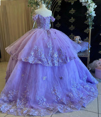 Off-Shoulder Ball Gown Tiered Purple Tulle Quinceanera Dress with 3D Butterfly Appliques for Sweet 16