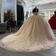 Champagne Tulle Quinceanera Dress Strapless Ball Gown with 3D Floral Lace & Sweep Train for Sweet 16 & Princess Galas