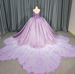 Purple Tulle Princess Ball Gown V-Neck Spaghetti Straps with 3D Floral Lace & Sweep Train for Quinceanera or Sweet 16