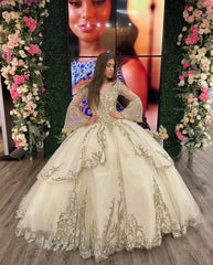 Champagne Tiered Tulle Quinceanera Dress Sweetheart Ball Gown with Long Sleeves Sequins & Beaded Appliques for Sweet 16 & Evening Galas