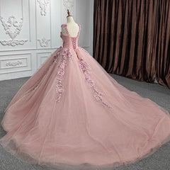 Ball Gown with Off-Shoulder Straps & 3D Floral Lace Appliques Rose Pink Tulle Quinceanera Dress for Sweet 16