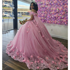 Off-Shoulder Ball Gown with 3D Floral Lace Appliques & Beaded Details Pink Tulle Quinceanera Dress for Sweet 16 & Birthday Celebrations