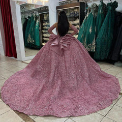 Ball Gown with Detachable Sleeves Sequined & Beaded Dusty Pink Tulle Princess Dress for Quinceanera & Sweet 16
