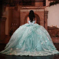 Sky Blue Ball Gown Strapless 3D Flower Lace Quinceanera & Sweet 16 Dress