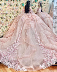 Off-Shoulder Ball Gown with Delicate Lace Appliques Pink Tulle Princess Dress for Quinceanera Sweet 16 & Birthday Parties