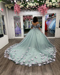 Off-Shoulder Ball Gown with Puff Sleeves 3D Floral Lace Appliques & Beaded Blue Tulle Perfect for Quinceanera & Sweet 16 Formal Events