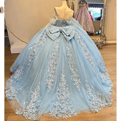 Sky Blue Quinceanera Dress Off-Shoulder Ball Gown with 3D Floral Lace & Beaded Detailing for Sweet 16 & Birthday Celebrations